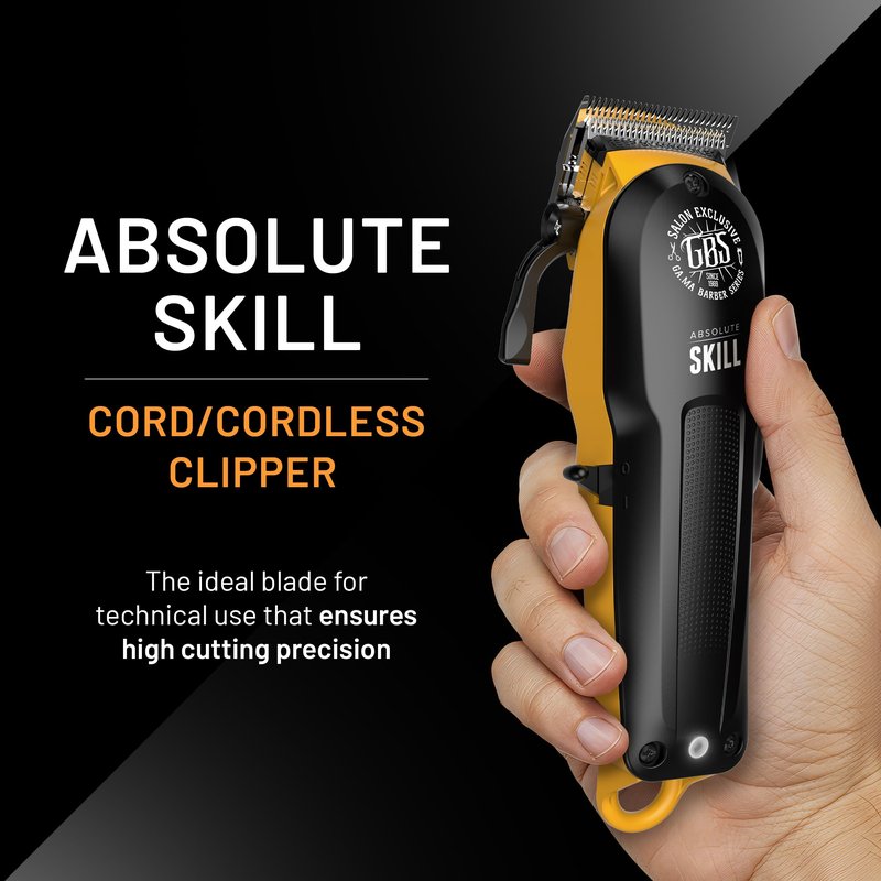 GA.MA Absolute Skill Professional Hair Clipper, Corded & Cordless, F-Wedge Blade for Fading, DLC Stainless Steel Blade, 60 Min Runtime