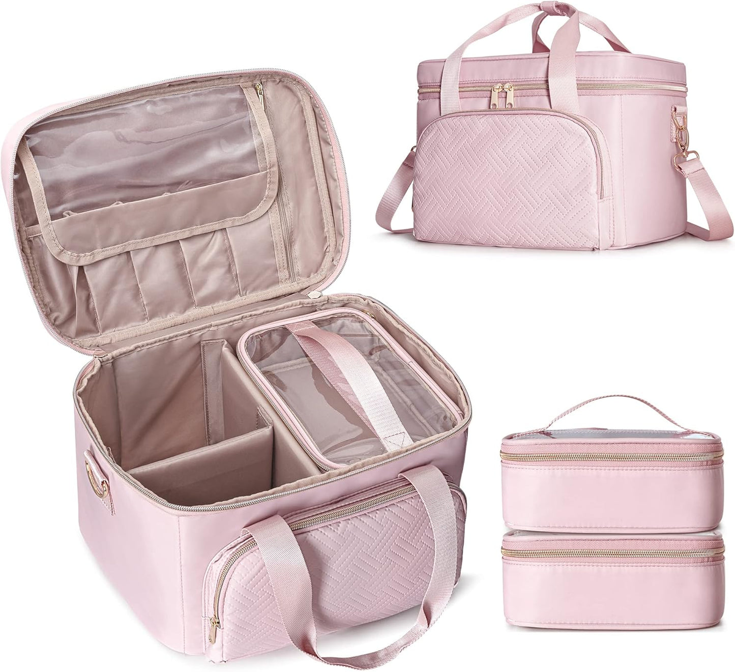 Travel Makeup Bag - Large Cosmetic Organizer with 2 Pouches & Adjustable Dividers | Pink