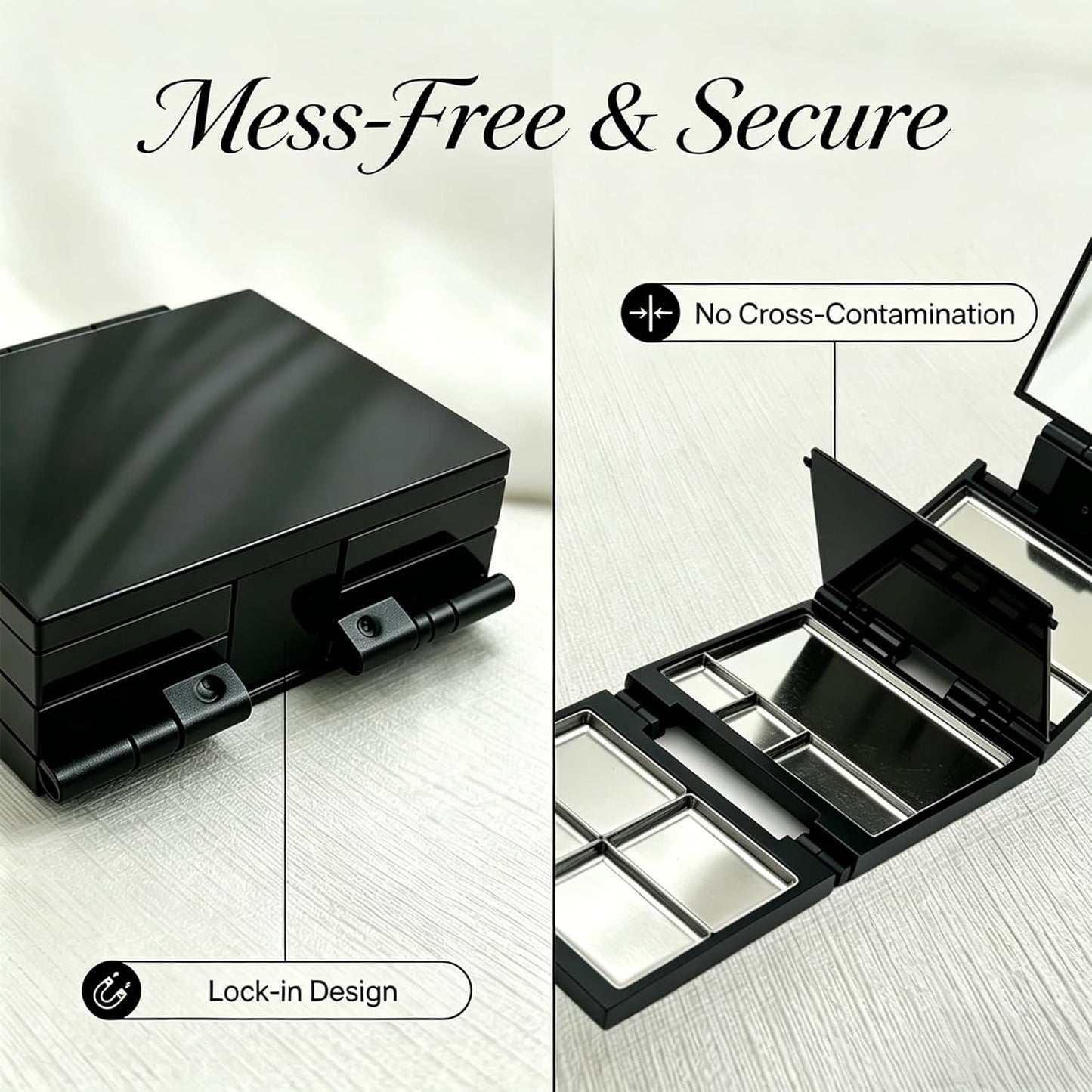 Magnetic Makeup Palette - 3-Layer Foldable Organizer with Dividers & 13 Metal Pans | Black, DIY Depotting Solution