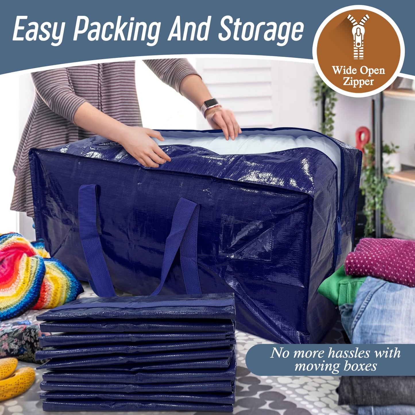 6 Pack Extra Heavy Duty Large Moving Bags with Strong Zipper & Comfortable Handles, Sturdy & Durable Clothes Storage Bags Totes Bins, Blue Packing Moving Boxes for College Supplies, Dark Blue