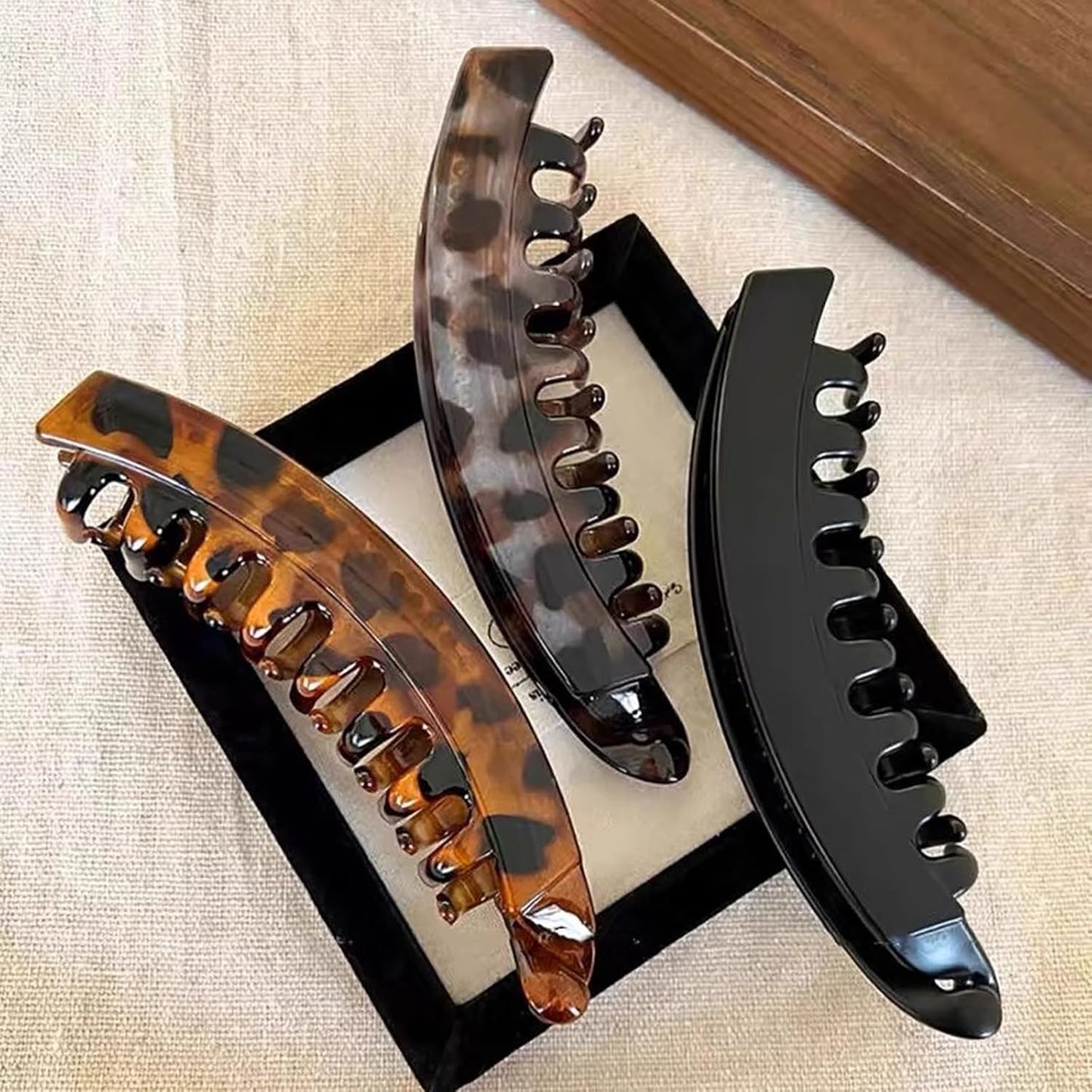 Large Banana Hair Clips - 3pcs Anti-Slip Claw Clips for Strong Hold | Black, Brown, Khaki & Leopard Print