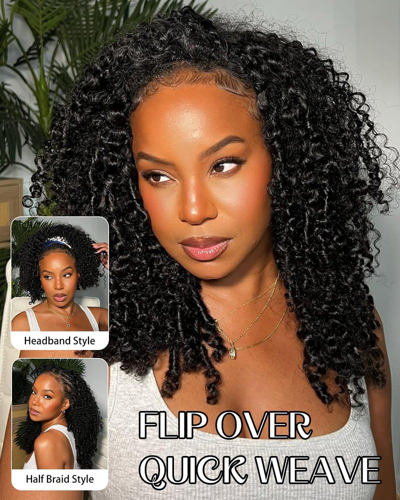 Burmese Curly Half Wigs - Human Hair Glueless Flip Over | 18-Inch Natural Black, 180% Density for Easy Wear