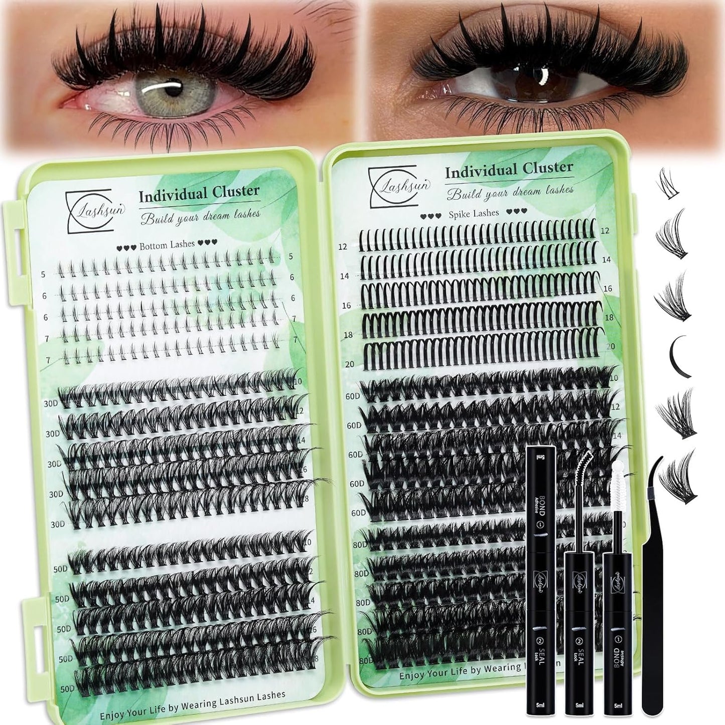 Lash Clusters Kit - Wispy DIY Eyelash Extensions with Bond & Seal | 10-16mm Sizes for Travel or Home Use