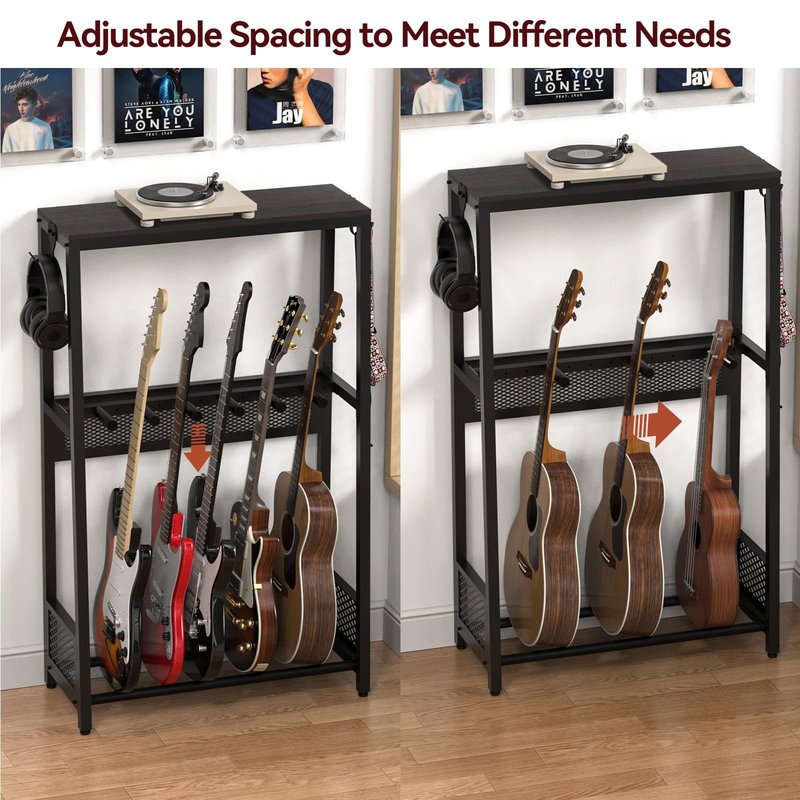 JollyJive 5-Guitar Stand with Storage Shelf, Heavy Duty Multi-Guitar Rack Floor Holder for Acoustic Electric Guitars & Bass, Patented Anti-Collision Mesh Shield, Ultra-Stable