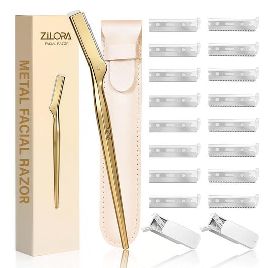 ZiLORA Metal Face Razor for Women, Dermaplaning Tool with 16 Replacement Blades (Wide & Micro), Facial Hair Remover & Eyebrow Trimmer, Gold