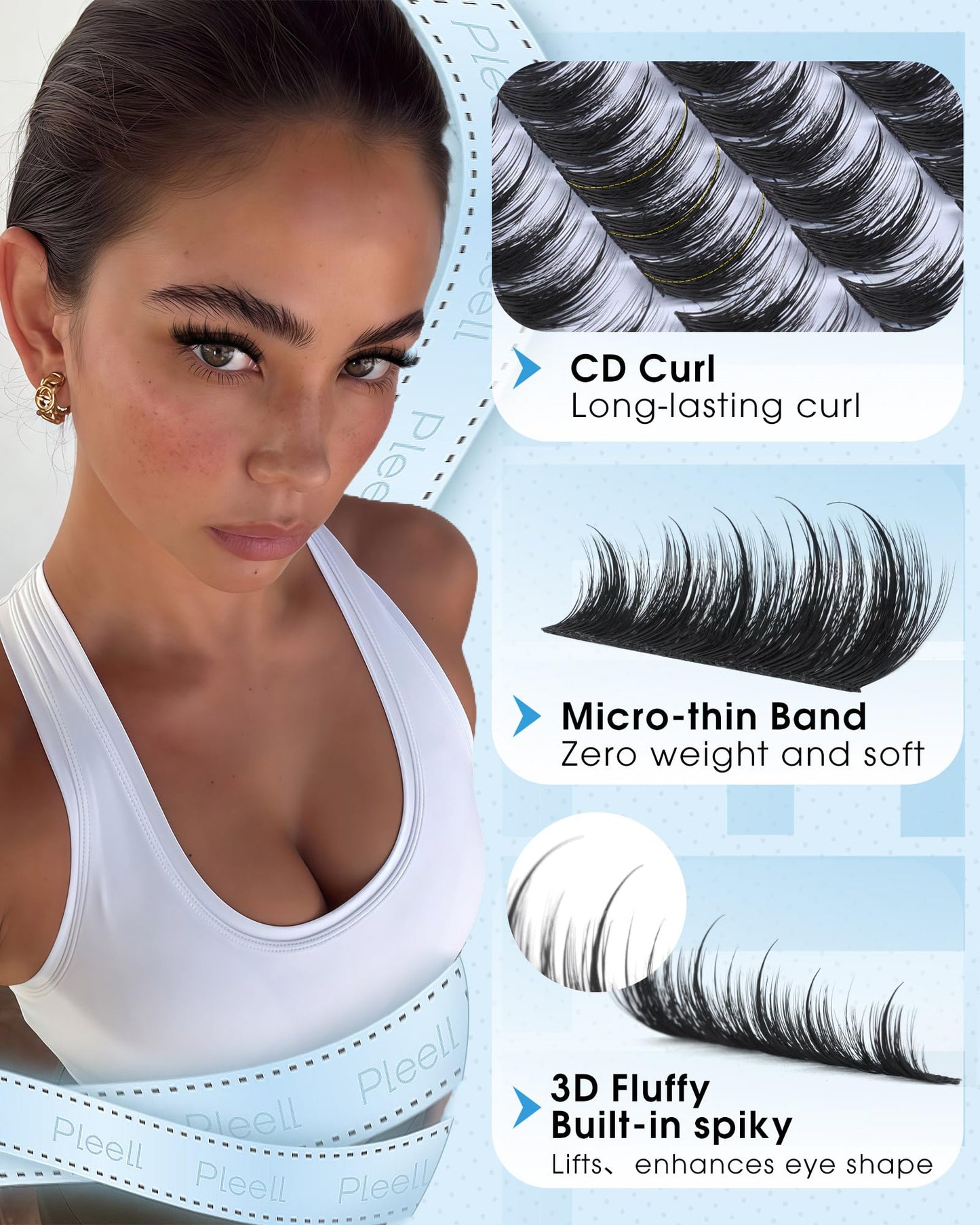 Pleell Fluffy Lash Clusters Wispy Eyelash Clusters With Spikes 10-18mm D curly Cluster Eyelash Extensions Fairy Individual Lashes Natural Volume Cluster Lashes Manga Lashes Clusters