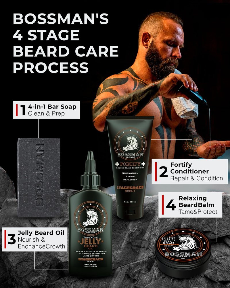 Bossman Complete Beard Kit – Men's Beard Oil Jelly, Fortifying Shower Conditioner, Balm, Mustache Wax & Comb – Beard Softener & Grooming Care – Men Gift Set (Hammer Scent)