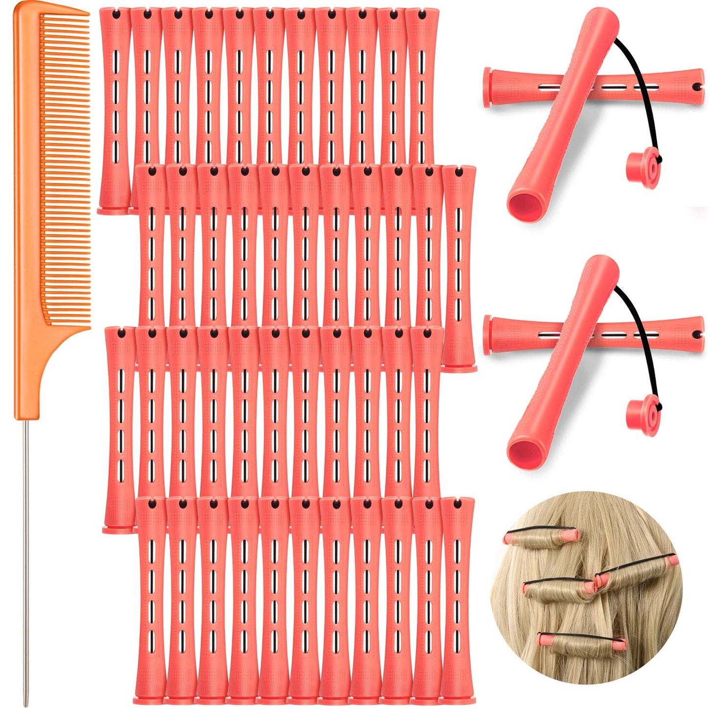 Plastic Curlers Set - 48 Pieces with Steel Pintail & Rat Tail Combs for Cold Wave Perming | Yellow & Orange, 0.28 Inch