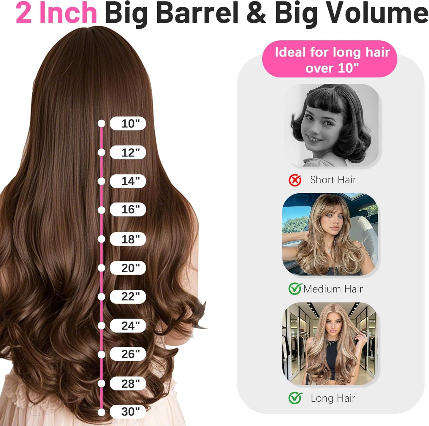 Large Curling Iron - 2 Inch Barrel for Long Hair | Dual Voltage 110-240V with Digital Display & Temp Lock