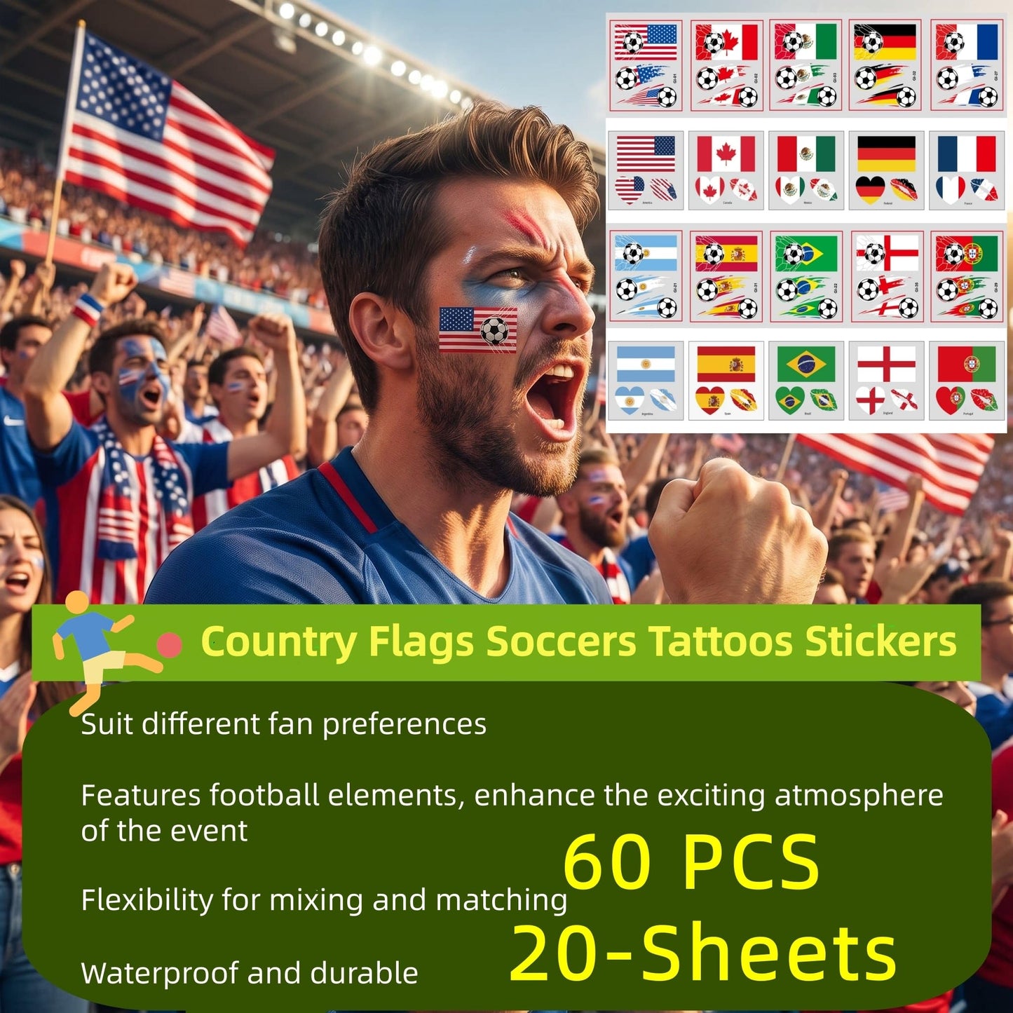 60PCS 20 Sheets World Cup Temporary Tattoo Sticker for Soccer Fans, 10 Country Flags Tattoos Sticker for all Ages Boy Girl Teen, Soccers Party, Game Days, Watch Parties, Waterproof Sweat Proof Vinyl