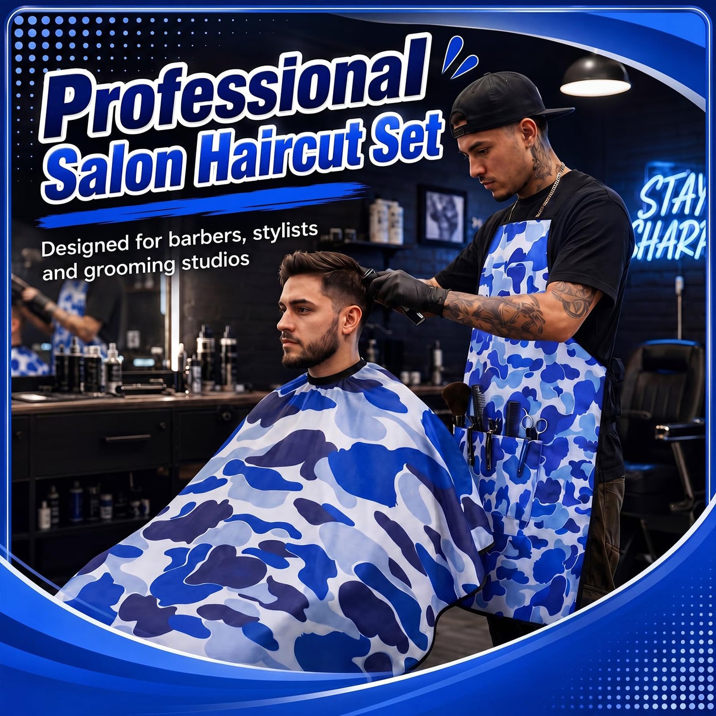 Cuffbow 2 Pcs Blue Camo Barber Cape Set Professional Hair Cutting Cape and Apron with 3 Pockets, Salon Hairdressing for Barbers, Stylists, Home Haircuts, Reusable and Adjustable