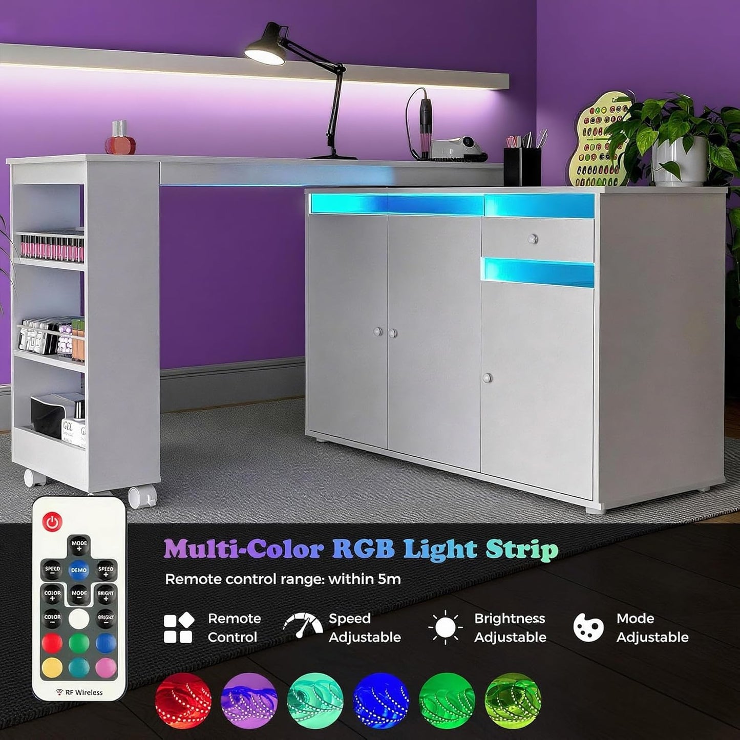 L-Shaped Manicure Table - Modern Nail Salon Desk with Storage & LED Light | White, Convertible Design
