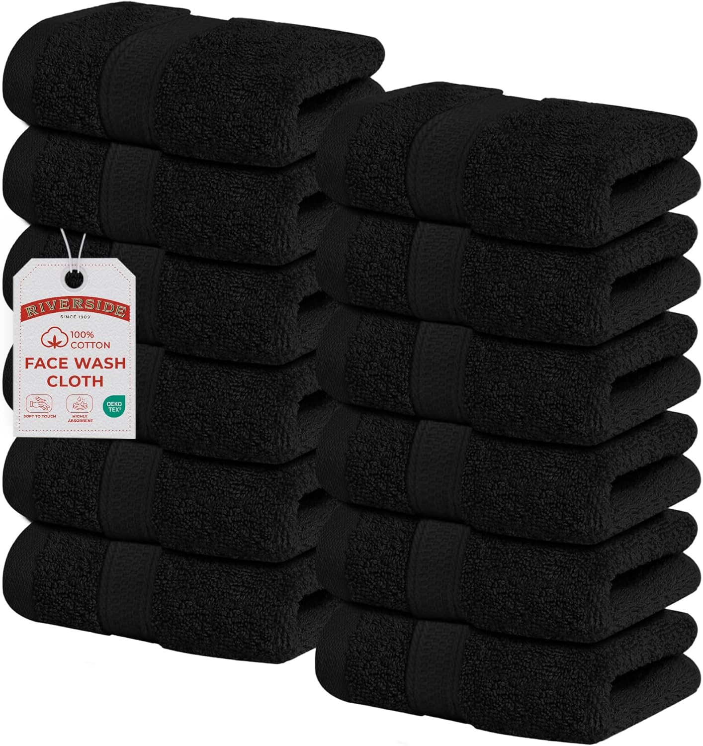 Riverside 12-Pack 100% Cotton Hunter Green Face Towels - Super Soft, Absorbent Washcloths for Bathroom, Spa & Gym | 12x12 Inches