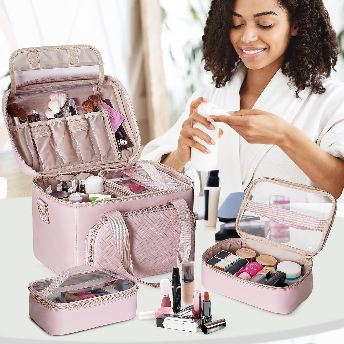 Travel Makeup Bag - Large Cosmetic Organizer with 2 Pouches & Adjustable Dividers | Pink