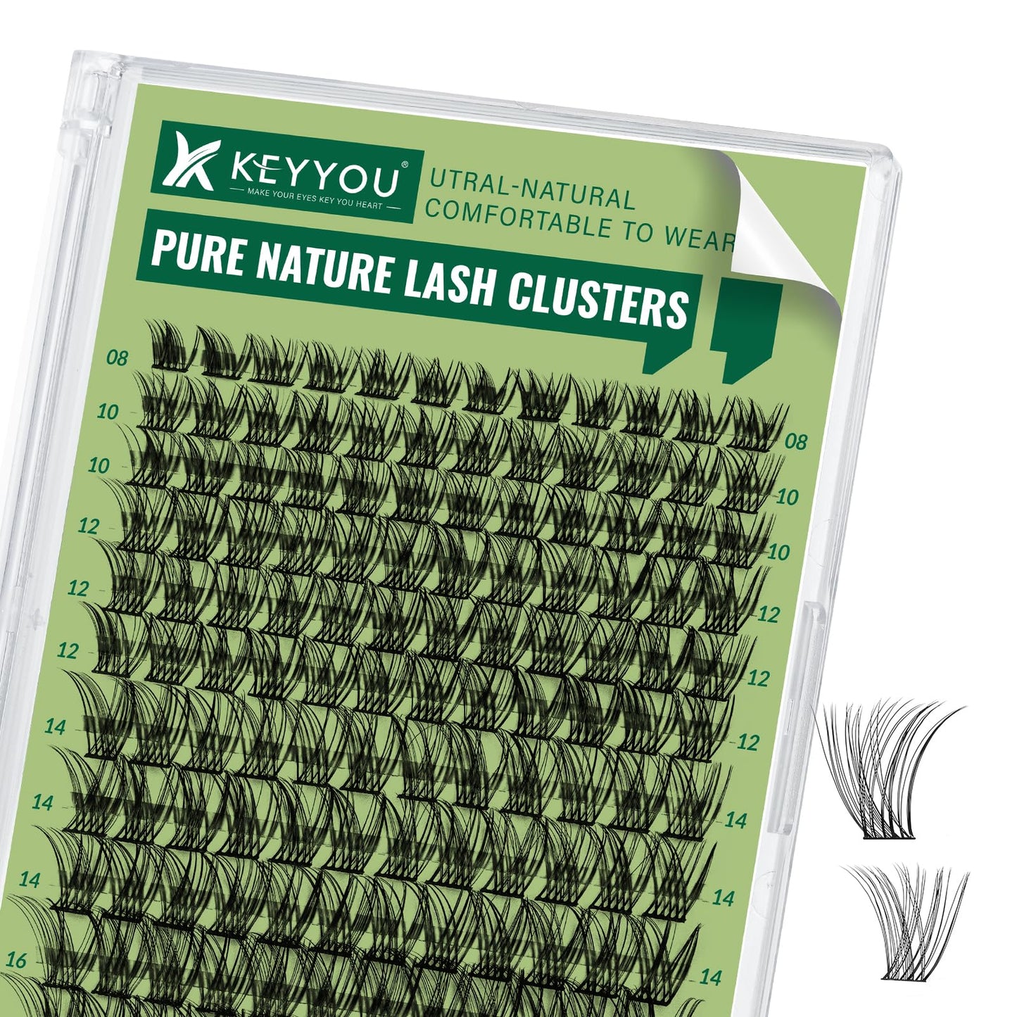 KEYYOU Natural Lash Clusters Wispy Eyelash Clusters 144 pcs Cluster Eyelash Extensions D Curl Individual Lashes 8-16MIX Mix Length Light and Natural Lashes Look with Thin Lash Band(N02-8-16MIX-D)