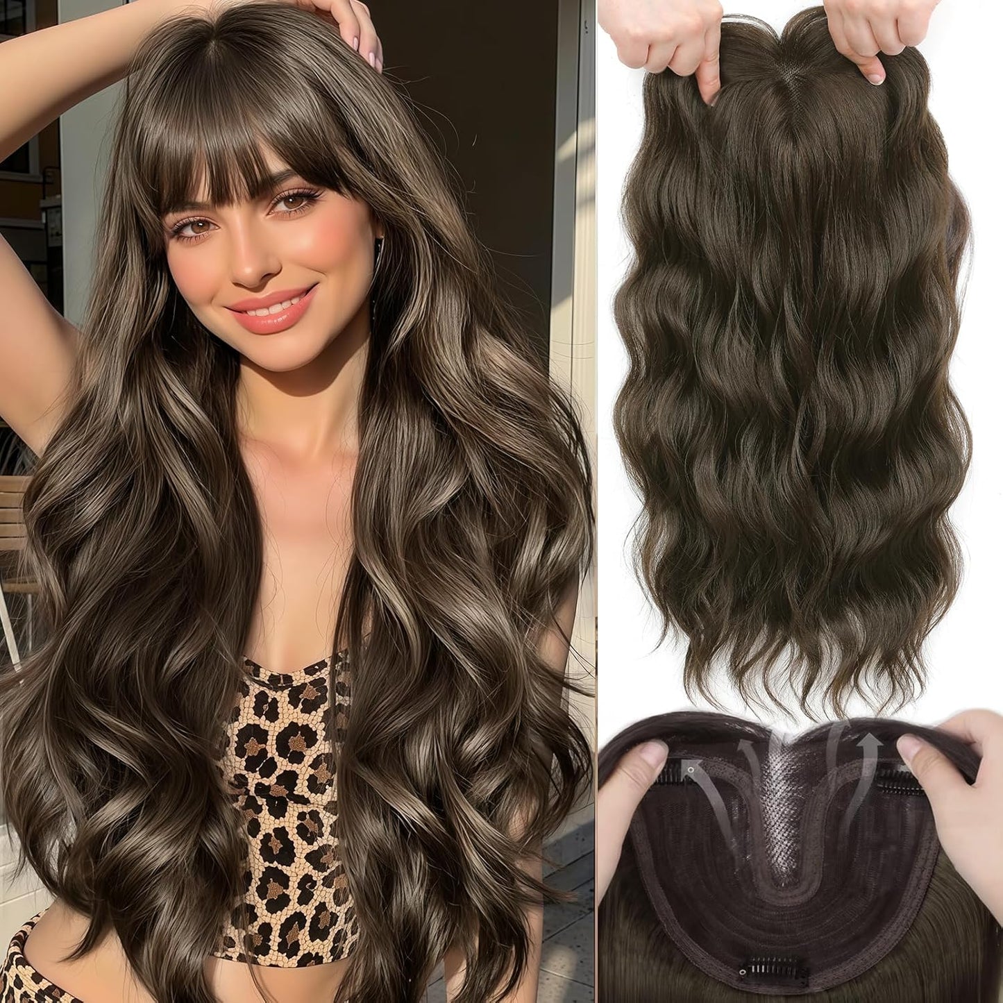 16 Inch Hair Topper for Women - Synthetic Curly Wavy Clip-In with Wispy Bangs | Auburn Brown Natural Volume