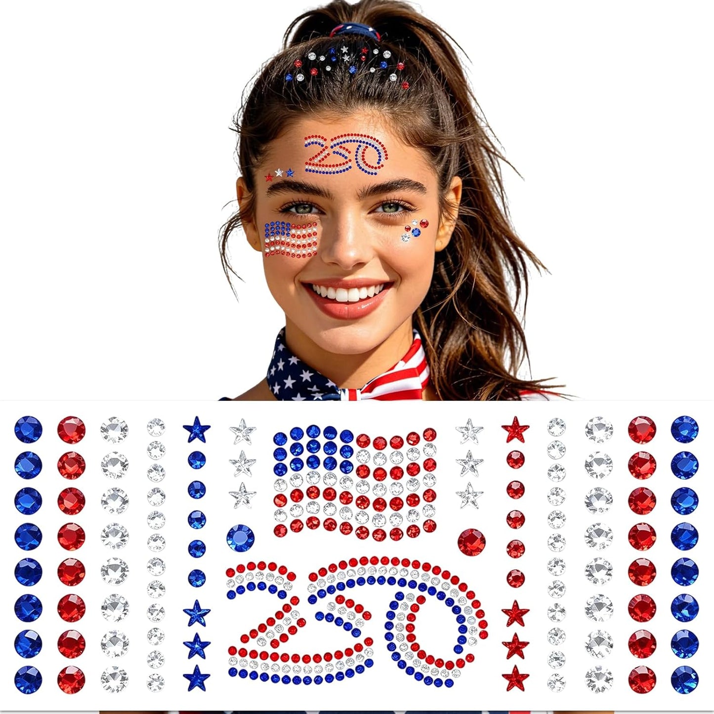 Mysense Waterproof 4th of July Temporary Tattoos - Red, White & Blue Glitter Face Stickers | Easy Application, 6 Sheets