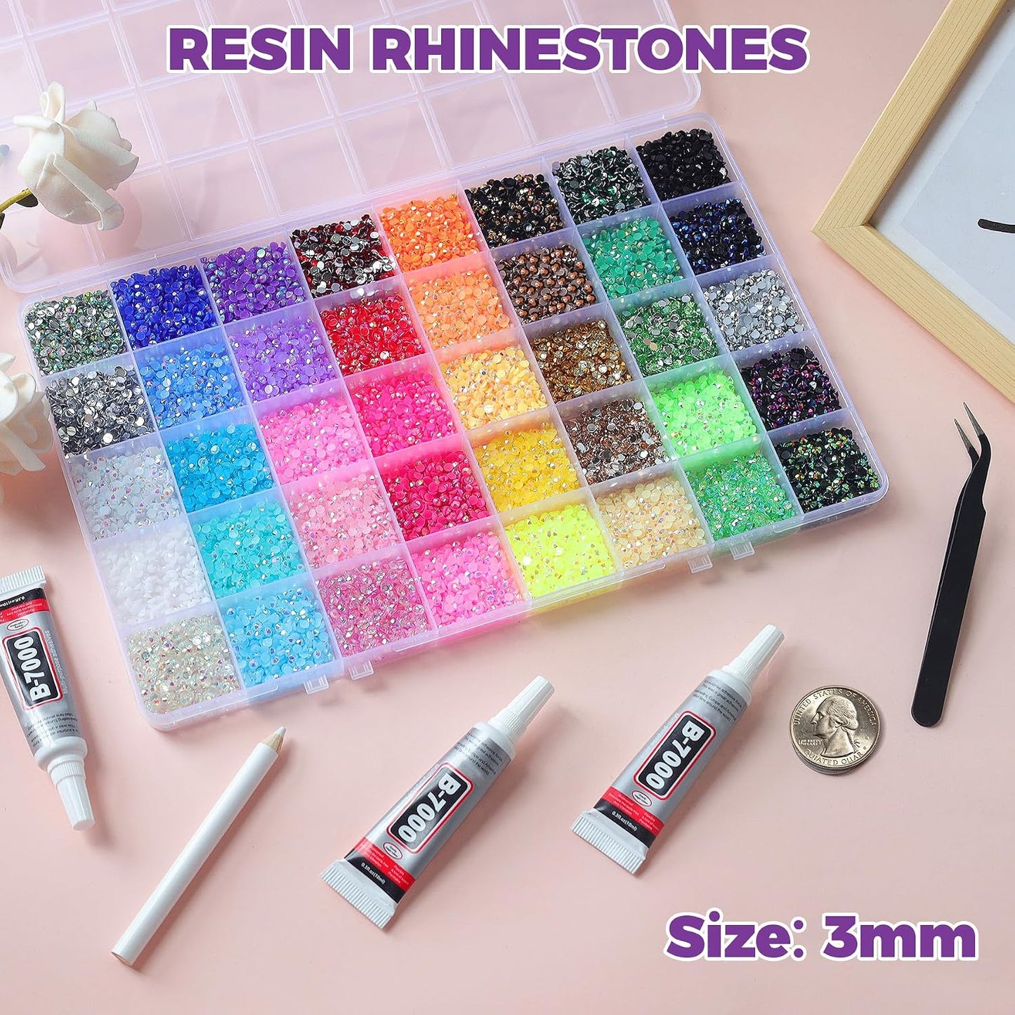 Jelly Resin Rhinestones - 50000 Pcs Multicolor Flatback Gems for Diamond Art | 3mm Crafting Kit with B7000 Jewelry Glue