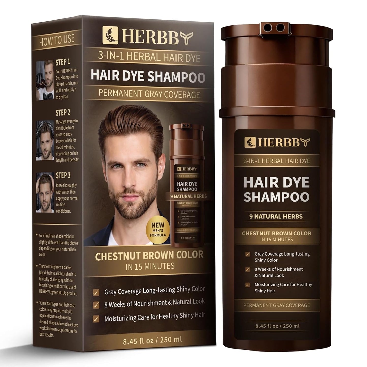 HERBBY Hair Color Shampoo for Gray Coverage | 9 Herbal Extracts for Shiny, Even Color - 250 ml (Blonde Brown)