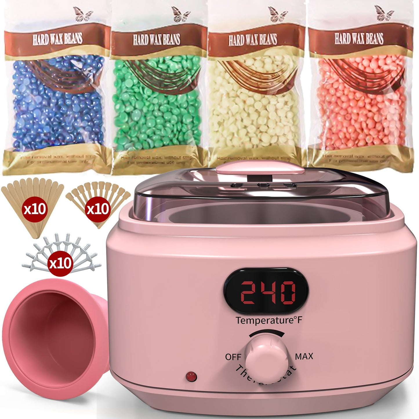 Waxing Kit for Women Men, Digital Wax Kit with Silicone Bowl & 4 Bags Hard Wax Beads, Portable Wax Warmer for Sensitive Skin Full Body Hair Removal, Brazilian Bikini, Eyebrow, Face (Pink)