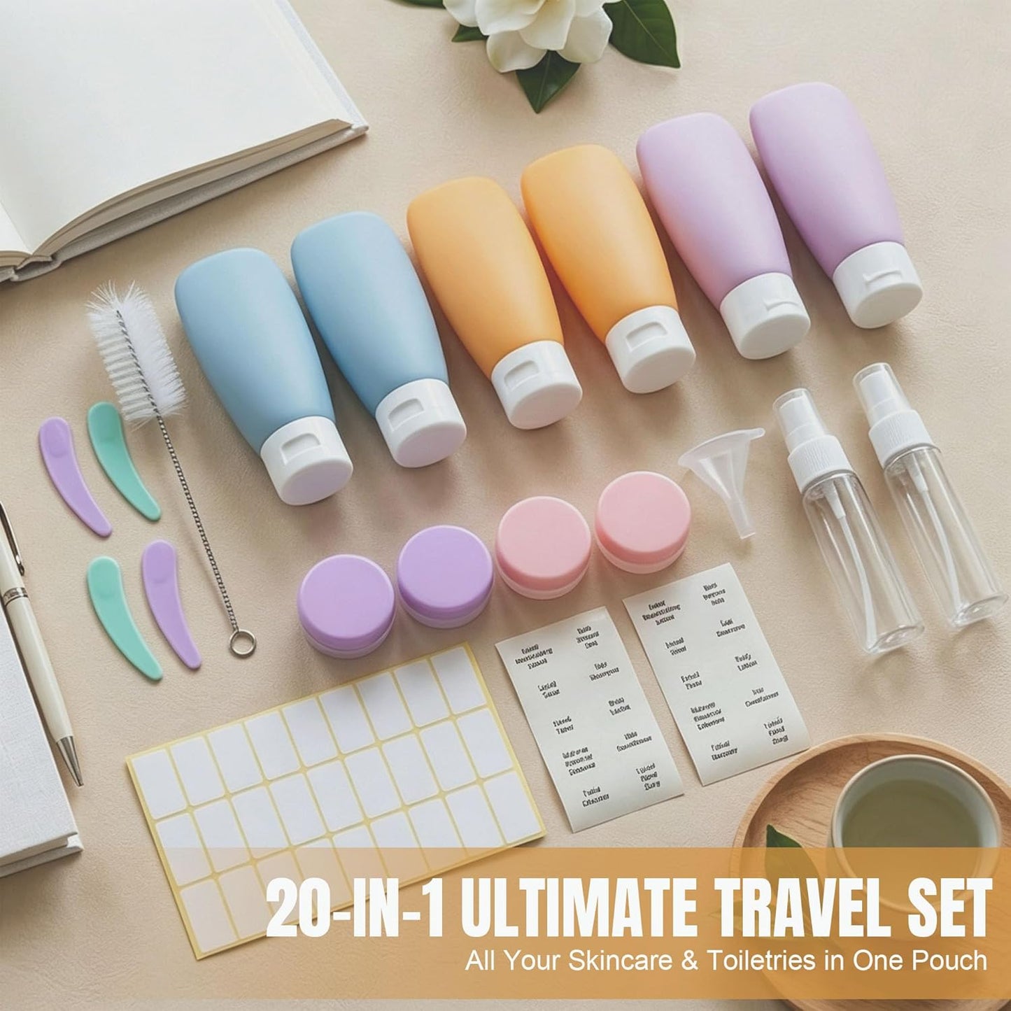 Travel Bottles Set - 20 Pack TSA Approved Leak Proof Containers | Portable Refillable Toiletry Kit for Shampoo, Conditioner, Lotion (Multi-Color)