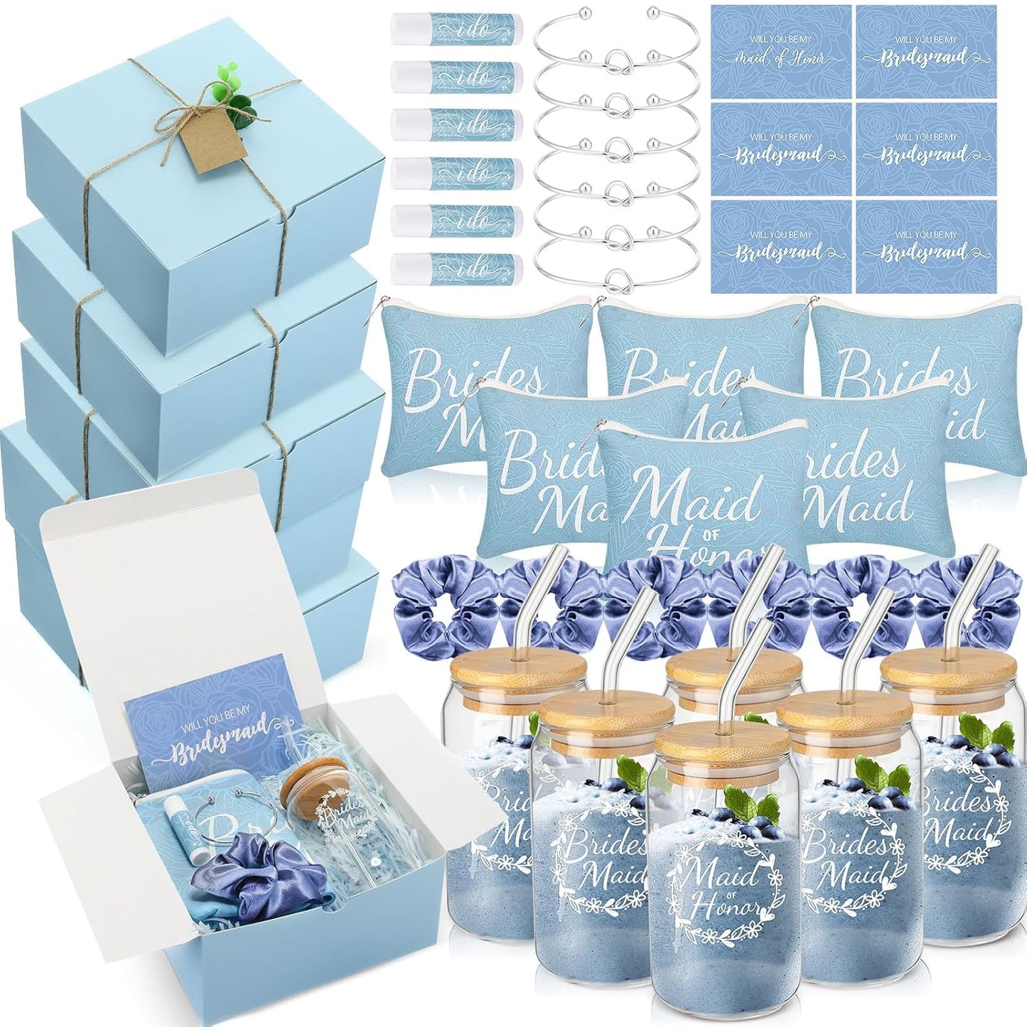 Bridesmaid Proposal Gifts - 54 Pcs Set with Makeup Bag, Glass Cup & Bracelet | Green & White