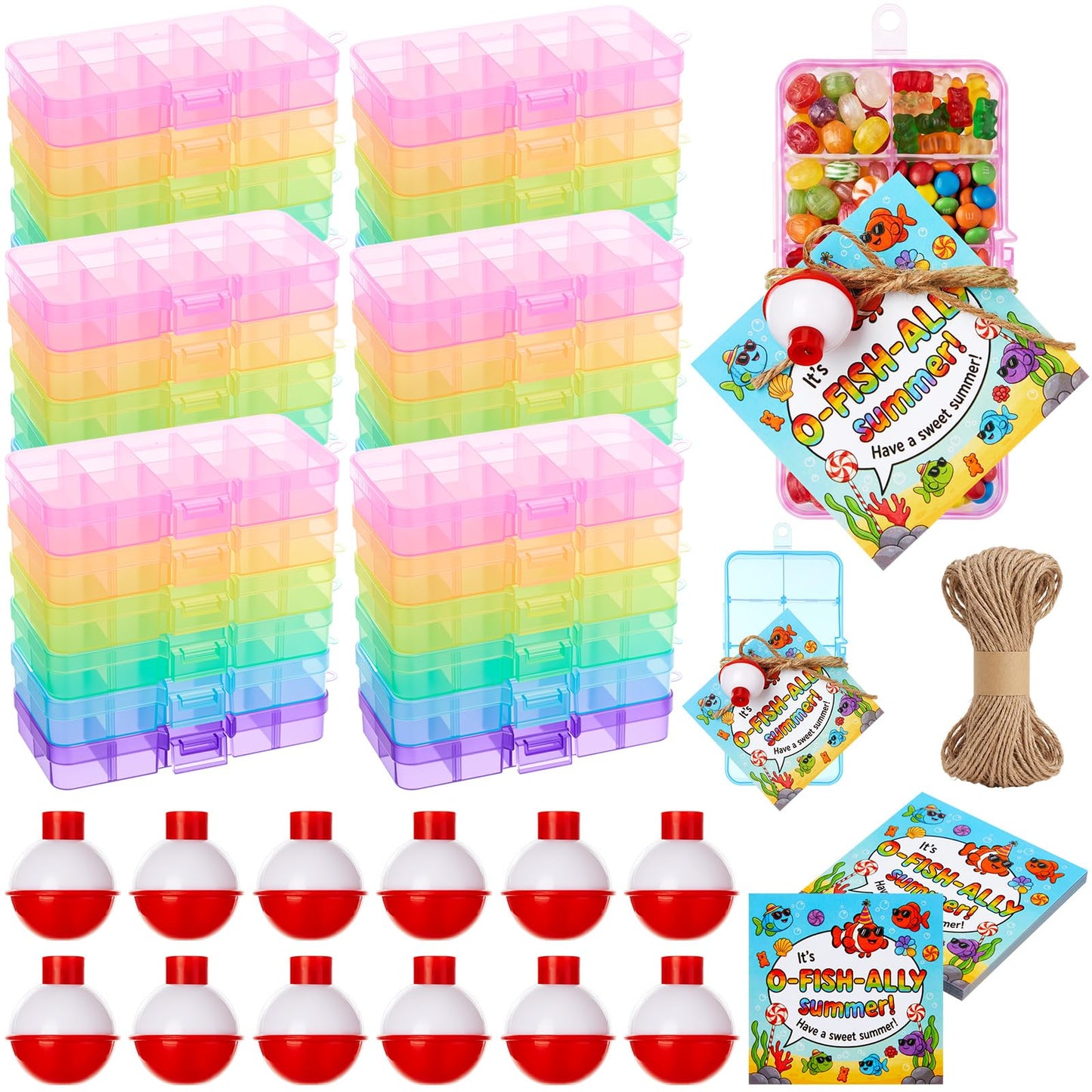 Teyva Daily End of Year Gifts for Students from Teacher Bulk Fishing Party Favors Little Tackle Boxes with Cards End of School Year Gifts Preschool Kindergarten Rewards (Colorful,Square,24 Set)