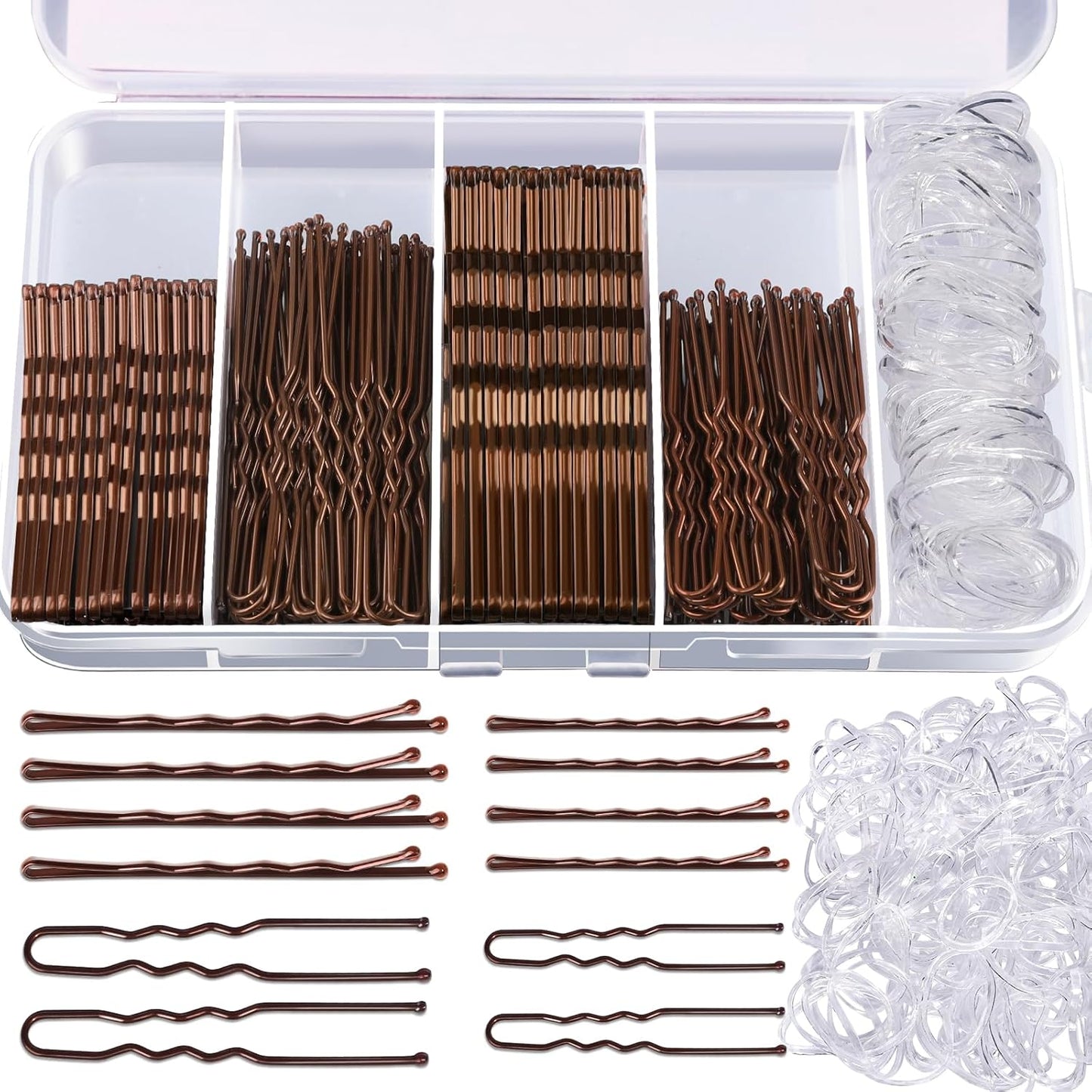 Bobby Pins Hair Pins Kit - 300pcs Brown Hair Accessories for Women | 100 Hair Bands, 2-2.75 Inch Sizes