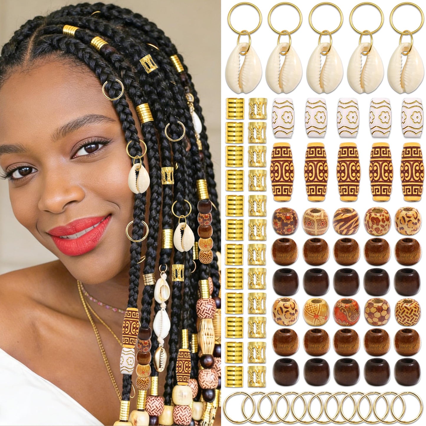 NAISKA 85PCS Shell Hair Jewelry for Braids Wooden Hair Beads Seashell Pendents Braid Jewelry Gold Hair Cuffs Rings Assorted Beads for Braids Multi-styles Braid Accessories for Women Girls