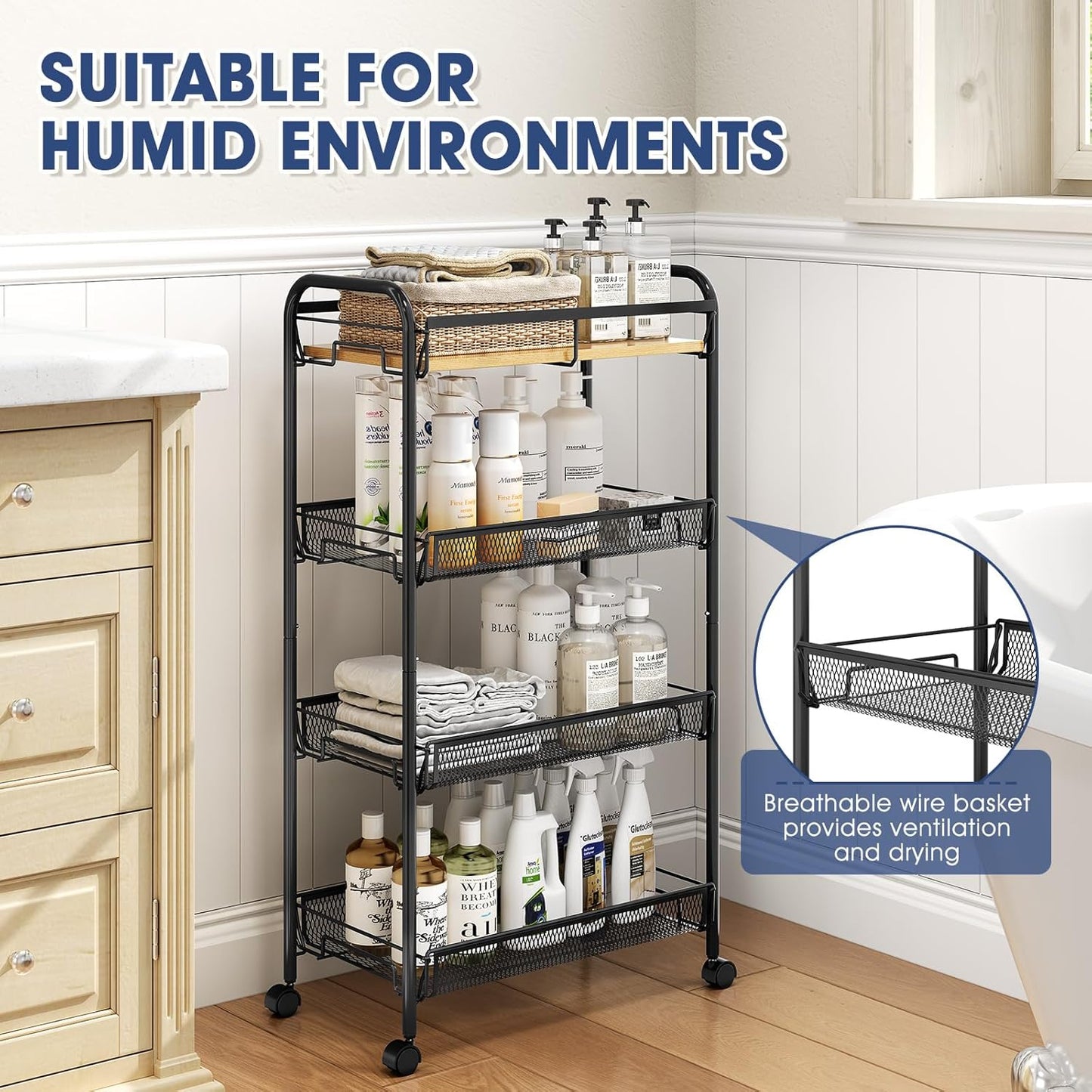 4-Tier Rolling Utility Cart - Metal Storage Trolley with Wooden Tabletop & Mesh Baskets | Easy Assembly for Kitchen, Bathroom, Laundry Room, Bedroom