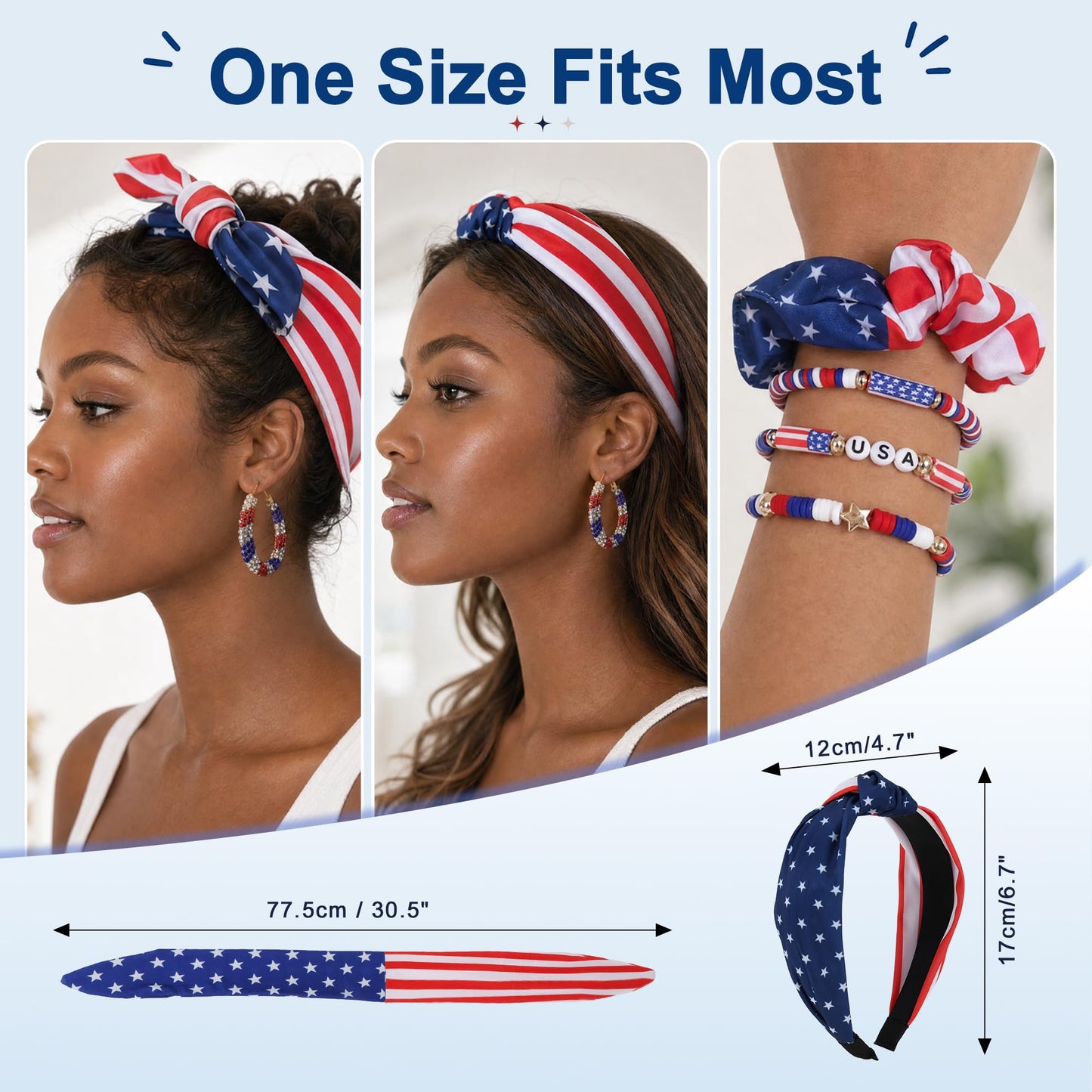 VOCOSTE 4th of July Hair Accessories for Women, Patriotic Red White Blue American Flag Bandana Headband Hair Tie Earrings Bracelet Set for Memorial Day Soccer Match Day