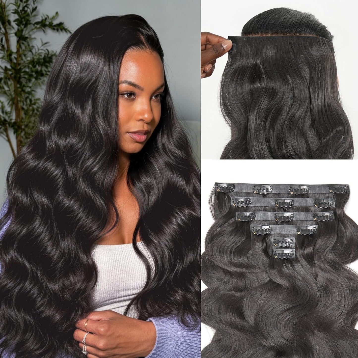 LUVME Invisible Clip-In Hair Extensions - 0.59mm Yaki Straight 24 Inch, 100% Real Human Hair, 6 Pcs 100g | Wider Wefts for Easy Sectioning