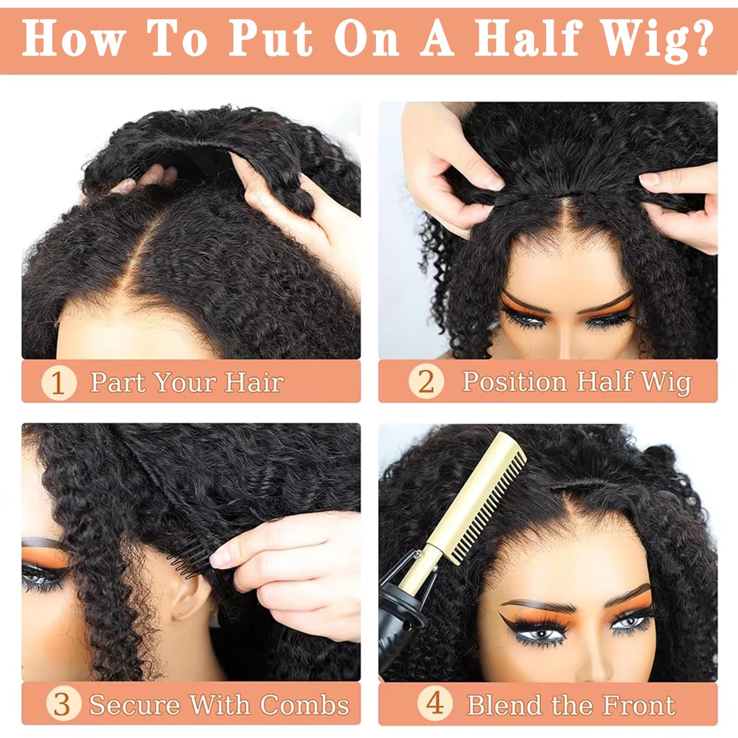 Maytune Half Wig Human Hair Deep Wave 24 Inch 200% Density Curly Half Wig 3 In 1 Drawstring Seamless Flip Over Headband Half Wigs for Black Women Human Hair Beginner Friendly