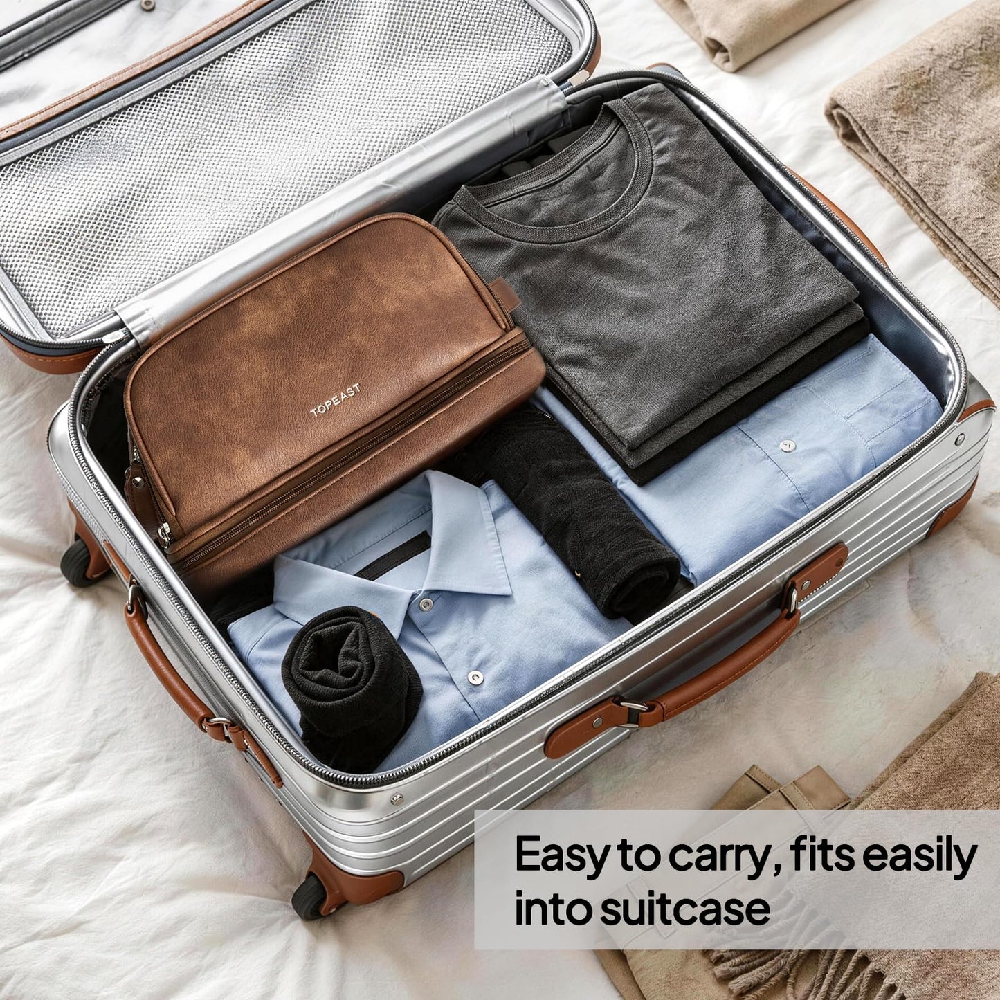 TOPEAST Toiletry Bag for Men, Large PU Leather Dopp Kit with Waterproof Wet Pocket, Double Layer Travel Toiletry Organizer with Brush Compartment, Shaving Bag with Handle, Brown
