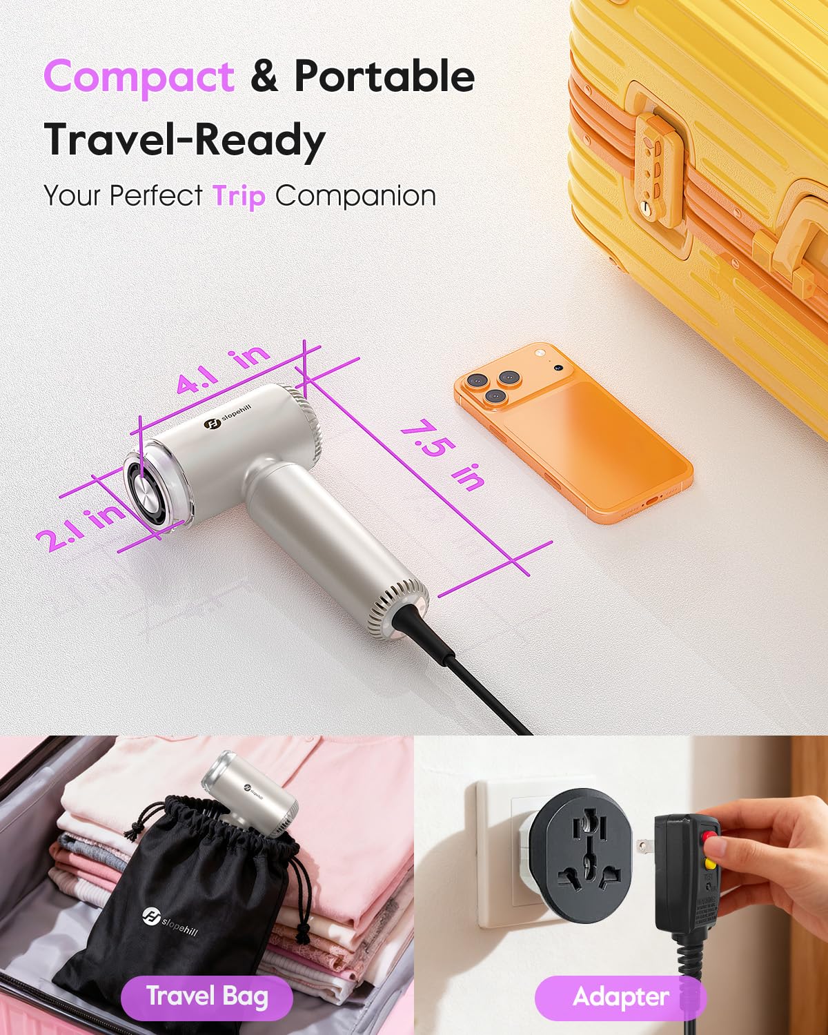 slopehill Dual Voltage Travel Mini Hair Dryer, Lightweight Ionic Blow Dryer, Professional Fast Drying, Compact Portabe Quiet Hairdryer with Magnetic Diffuser for Women, International European 100-240V
