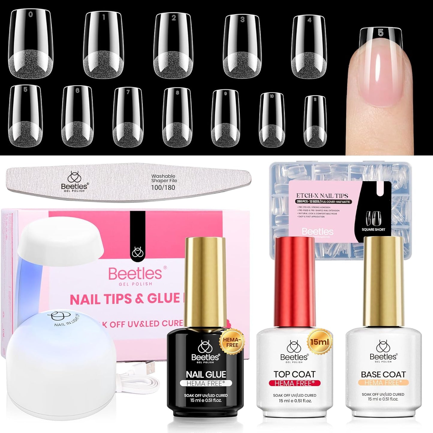 Coffin Gel Nail Tips | Medium Half Matte Press-On Nails - 288 Pcs, 12 Sizes for Easy DIY Manicure