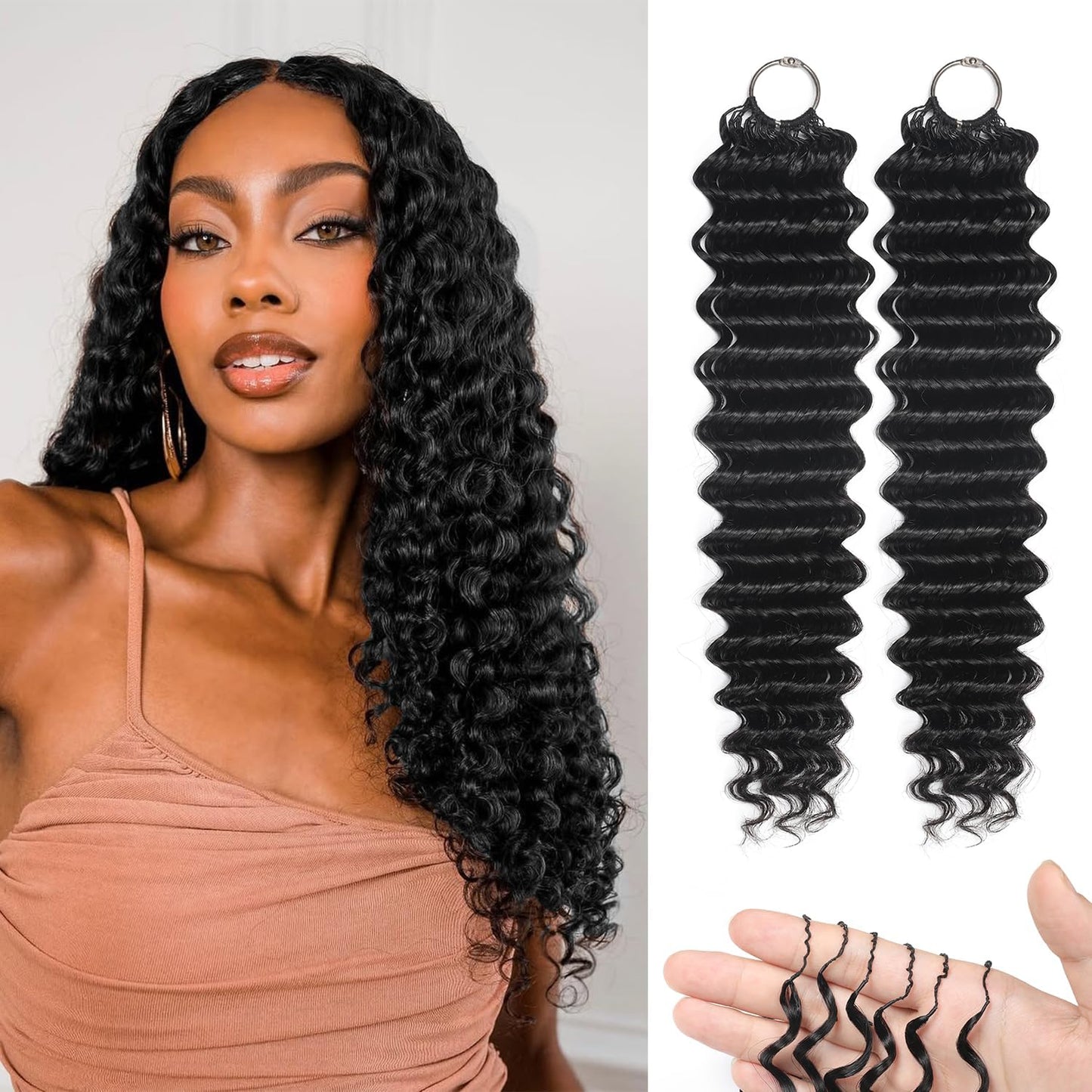 Human Crochet Hair - 18 Inch Deep Wave Bundles for Black Women | 50g Pre-Separated Extensions, Natural Black