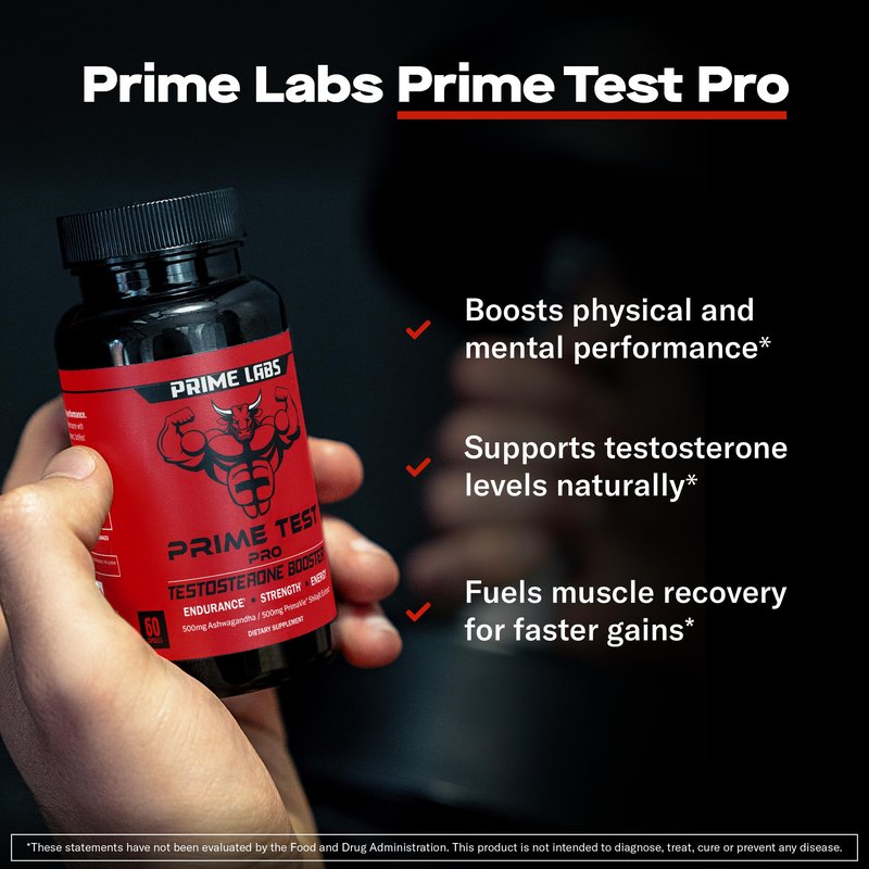 Prime Labs Prime Test Pro - Testosterone Supplement for Men - Test, Vitality, & Energy Booster - with Ashwagandha, PrimaVie Shilajit Extract, & DIM - 60 Capsules