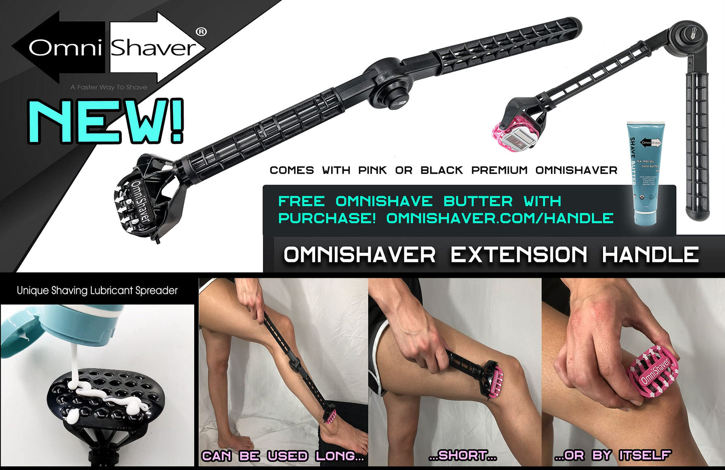 OmniShaver Extender Handle - Full Body Shaver for Men & Women with 20" Extension Holder - Adjustable & Foldable, Includes Detachable Lotion Applicator for Back, Legs, Arms, Articulating Head - Black