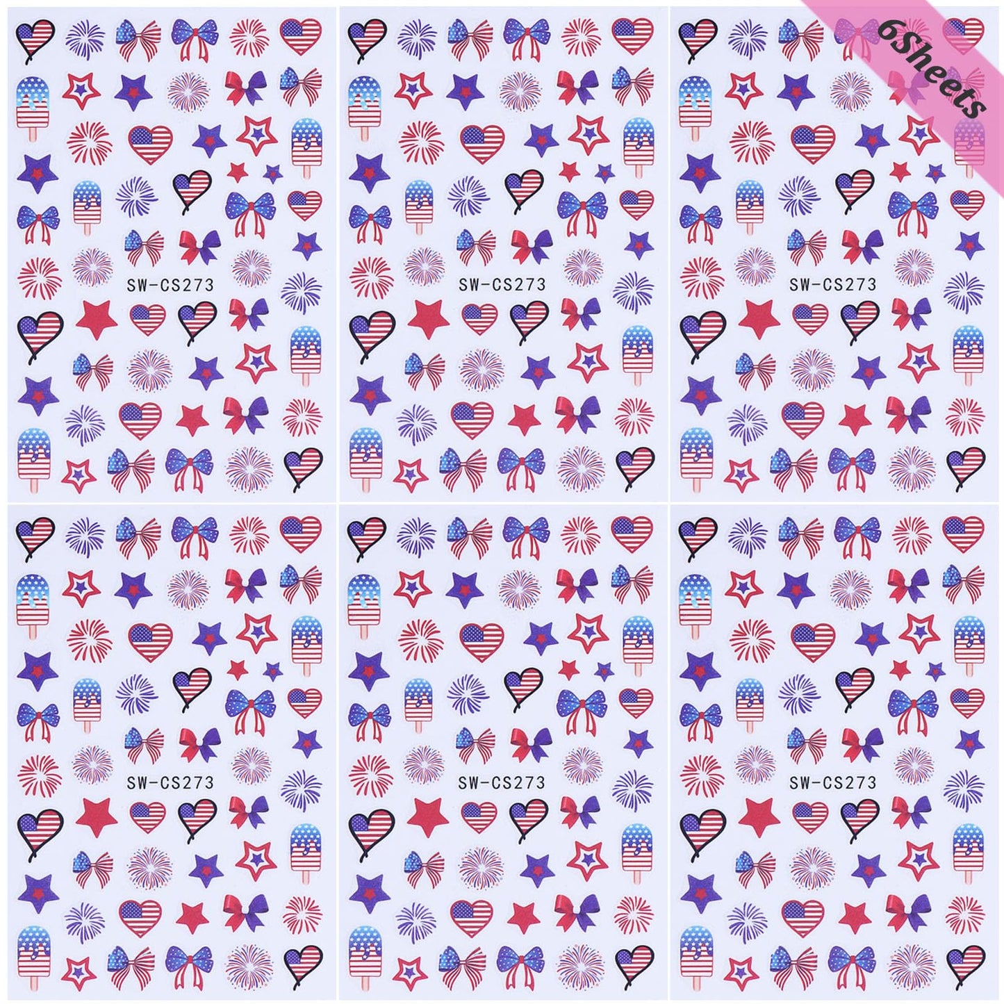 Fourth of July Nail Stickers Red White Blue Nail Decals for Nail Art 6PCS 3D Self Adhesive Independence Day Nails Designs Stickers Fireworks Bow Star Nail Slider Manicure Patriotic Nail Art for Women