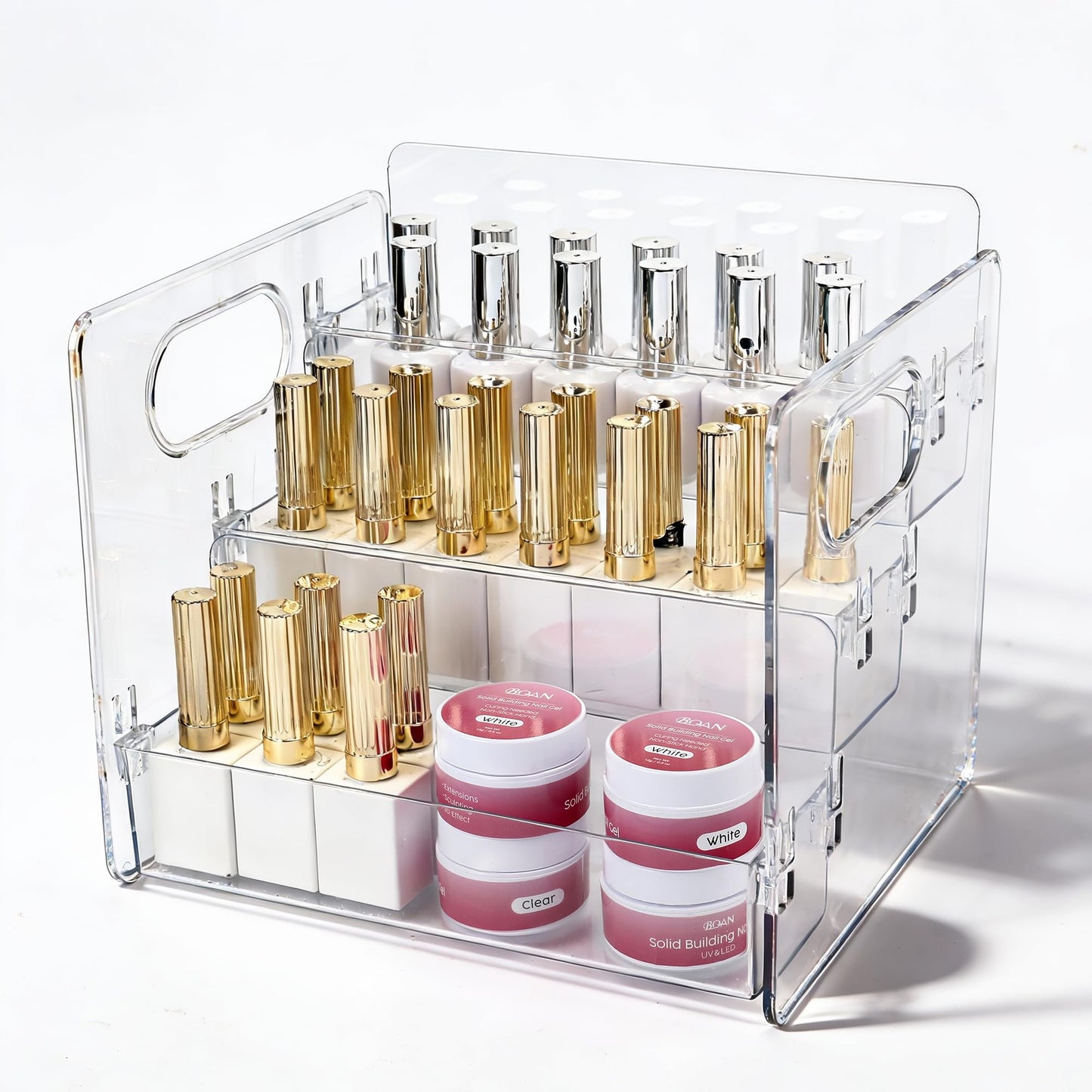 BQAN 3-Tier Clear Acrylic Nail Polish Organizer Rack - Extra Wide Storage Display Stand for Nail Polish, Essential Oils & Makeup with Built-in Handles