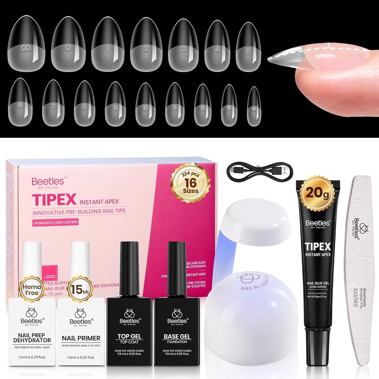 Beetles Apex Nail Tips - Medium Coffin, 192pcs, 16 Sizes 00–14 | Thicker Strong Acrylic for DIY Extensions