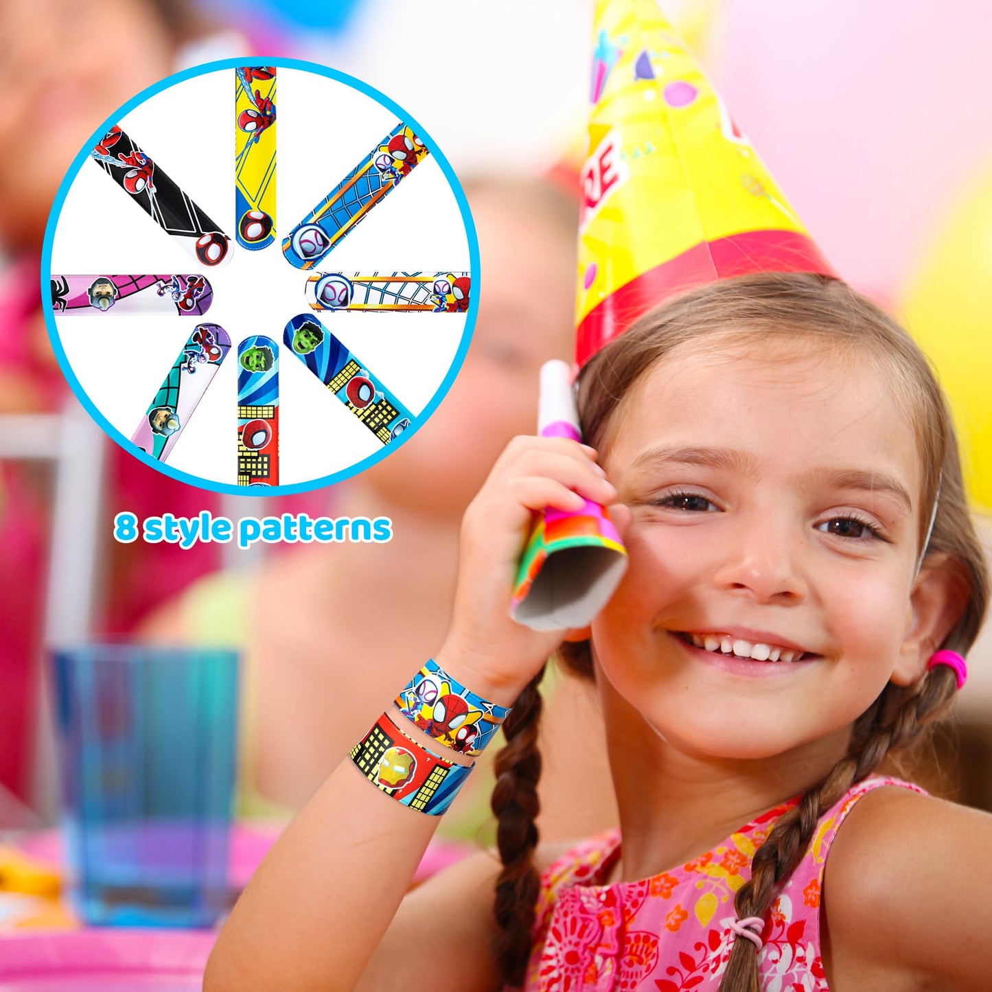TLTSDWQ Spidey Party Favors,110Pcs Party Supplies,Include 10 Straws,10 Button Pins,10 Key Chains,10 Masks,10 Gift Bags,10 Wrists and 50 Stickers