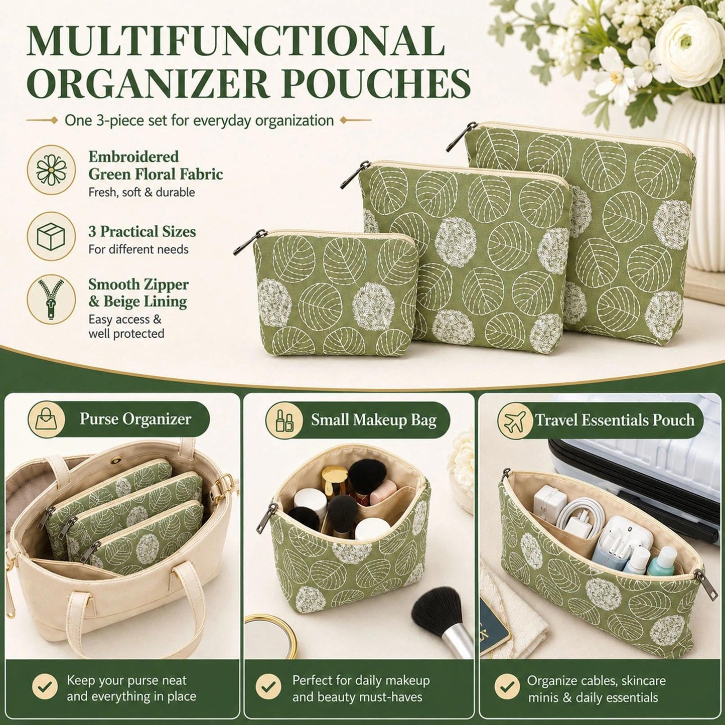 BBORGDC Small Cosmetic Bag Set of 3 for Purse, Green Floral Cotton Makeup Pouch Set, 3 Sizes Zipper Organizer for Travel & Toiletries, Gift for Her Birthday, Bridesmaid & Best Friend
