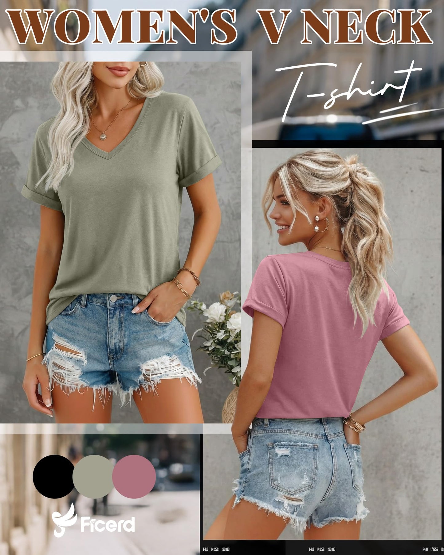 Ficerd 3 Pack Women's V Neck T Shirts, Summer Casual Short Sleeve Tops Loose Fit Rolled Sleeve Tees Trendy Shirts