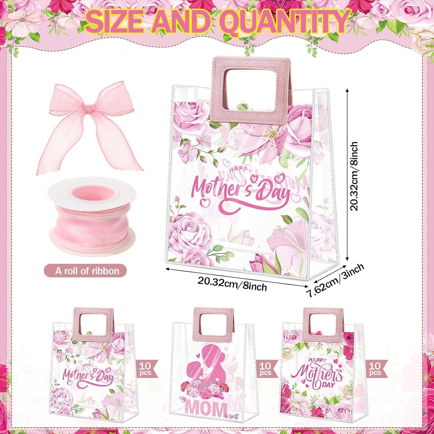Reusable Floral Mothers Day Gift Bags - 30 Pcs Medium Plastic Tote Bags with Handles | 9x8x3 Inch Waterproof Wrap for Mom & Grandma