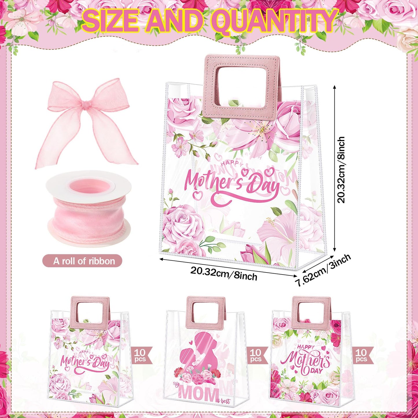 Blosssound 30 Pcs Mothers Day Gift Bags Bulk Medium Reusable Plastic Tote Bags with Handles & Ribbon 9x8x3 Inch Floral Mothers Day Party Favors Clear PVC Waterproof Wrap for Mom Grandma Gifts