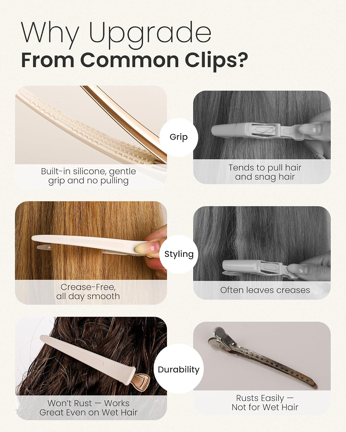 4.8" Hair Clips for Styling - No-Crease Duckbill Clips with Silicone Band for Thick, Curly Hair | 6-Pack, Desert Titanium