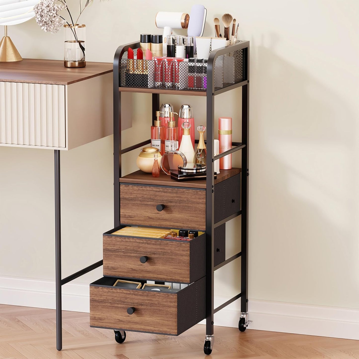 Rolling Makeup Cart Organizer - Skincare & Cosmetic Storage with 3 Fabric Drawers | Vanity Display Case for Beauty Tools