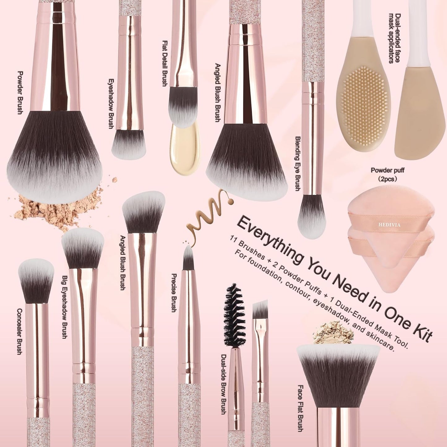 Professional Pink Makeup Brushes Set - 14 Pcs Synthetic Foundation, Concealer & Eyeshadow Brushes | Includes 2 Powder Puffs & Dual-Ended Mask Applicator